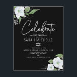 Cartão De Informações Bat Mitzvah Black Silver Script Watercolor Floral<br><div class="desc">Tenha orgulho, alegria e mostre este marco do seu Bat Mitzvah favorito! Inclua esta inserção moderna, discreta e personalizada para obter informações adicionais sobre seu evento. Uma aquarela floral brilhante, branca e falso prateada com falso grafismo de folha prateada e serif branca sobrepõe-se a um fundo preto dramático. Flores aquarelas...</div>