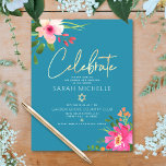 Cartão De Informações Bat Mitzvah Blue Watercolor Script Dourado Floral<br><div class="desc">Tenha orgulho, alegria e mostre este marco do seu Bat Mitzvah favorito! Inclua esta inserção moderna, discreta e personalizada para obter informações adicionais sobre seu evento. Uma aquarela floral, cor-de-rosa e pêssego, impressionante, com uma tipografia falsa de folha de ouro e uma serifa branca moderna sobrepõem-se a um fundo azul-azul-azul-turquesa...</div>