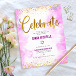 Cartão De Informações Bat Mitzvah cor-de-água rosa folha de ouro feminin<br><div class="desc">Tenha orgulho, alegria e mostre este marco do seu Bat Mitzvah favorito! Inclua este impressionante, moderno e brilhante formato de folha falsa de ouro e pontos brilhantes e script de tipografia contra um fundo de aquarela cor rosa suave, inserção personalizada para obter informações adicionais sobre seu evento. Personalize o texto...</div>