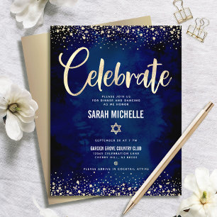 Cartão De Informações Bat Mitzvah Marinha Dourado Folha Purpurina Script