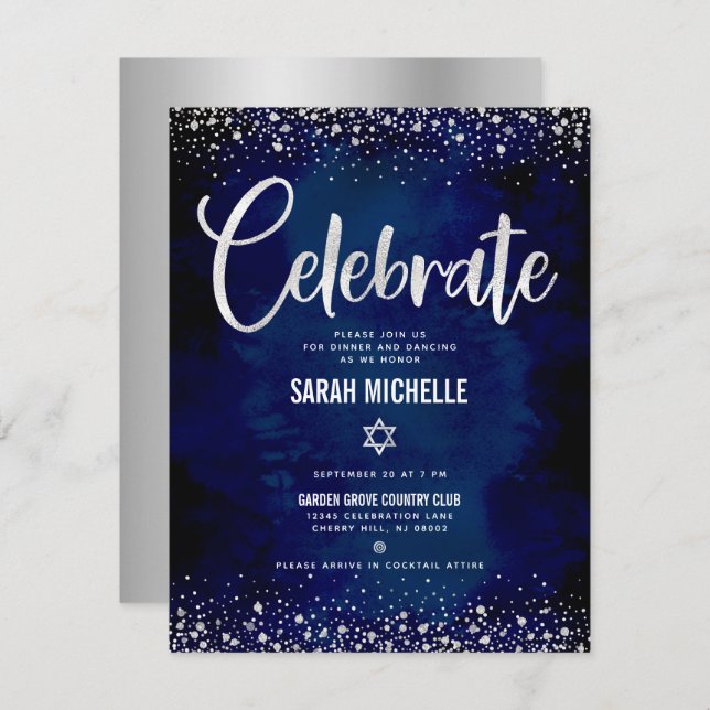 Cartão De Informações Bat Mitzvah Marinho Silver Foil Glitter Script Mod (Frente/Verso)