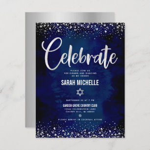 Cartão De Informações Bat Mitzvah Marinho Silver Foil Glitter Script Mod