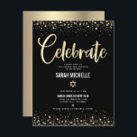 Cartão De Informações Bat Mitzvah Modern Black Gold Foil Script Glitter<br><div class="desc">Tenha orgulho, alegria e mostre este marco do seu Bat Mitzvah favorito! Inclua esta inserção impressionante, moderna e personalizada para obter informações adicionais sobre seu evento. Escrita gráfica de caligrafia de folha de ouro, Estrela de David, e confetti, sobrepõem um fundo preto, rico e dramático. Personalize o texto personalizado com...</div>