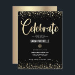 Cartão De Informações Bat Mitzvah Modern Black Gold Foil Script Glitter<br><div class="desc">Tenha orgulho, alegria e mostre este marco do seu Bat Mitzvah favorito! Inclua esta inserção impressionante, moderna e personalizada para obter informações adicionais sobre seu evento. Escrita gráfica de caligrafia de folha de ouro, Estrela de David, e confetti, sobrepõem um fundo preto, rico e dramático. Personalize o texto personalizado com...</div>