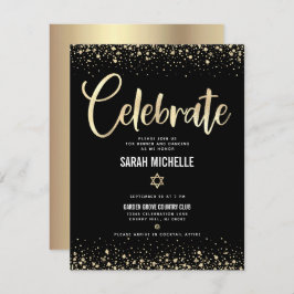 Cartão De Informações Bat Mitzvah Modern Black Gold Foil Script Glitter
