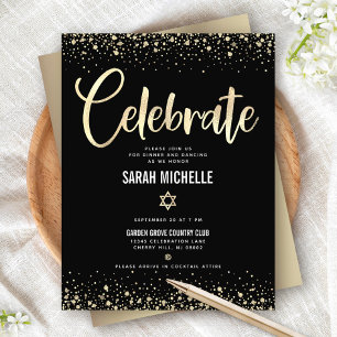 Cartão De Informações Bat Mitzvah Moderno Dourado Folha Brilho Script
