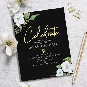 Cartão De Informações Bat Mitzvah Ouro Preto Script Floral Aquarela