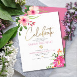 Cartão De Informações Bat Mitzvah Pink Watercolor Script Dourado Floral<br><div class="desc">Tenha orgulho, alegria e mostre este marco do seu Bat Mitzvah favorito! Inclua esta inserção moderna, discreta e personalizada para obter informações adicionais sobre seu evento. Uma aquarela floral chica, atordoante, rosa e pêssego com uma tipografia falsa de folha de ouro e rosa de cinza e serifa poeirenta moderna sobrepõem...</div>