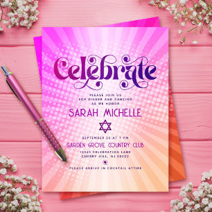 Cartão De Informações Bat Mitzvah Retro Boho Rosa Laranja Gradiente Ousa