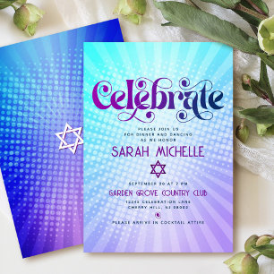 Cartão De Informações Bat Mitzvah Retro Boho Roxo Azul Gradiente Ousado