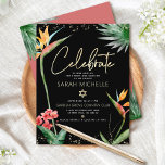 Cartão De Informações Bat Mitzvah Tropical Black Dourada Aquarela<br><div class="desc">Tenha orgulho, alegria e mostre este marco do seu Bat Mitzvah favorito! Inclua esta inserção moderna, sofisticada e personalizada para obter informações adicionais sobre seu evento. Na moda, atordoante, colorida, aves aquáticas tropicais de flores paraíso, falso roteiro dourado manuscrito, Estrela de David e pontos brilhantes, juntamente com o moderno tipo...</div>