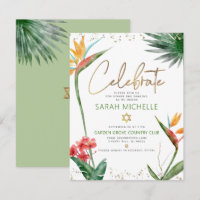 Bat Mitzvah Tropical Dourado Script Flora Aquarela
