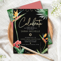Bat Mitzvah Tropical Preto Dourado Floral Aquarela