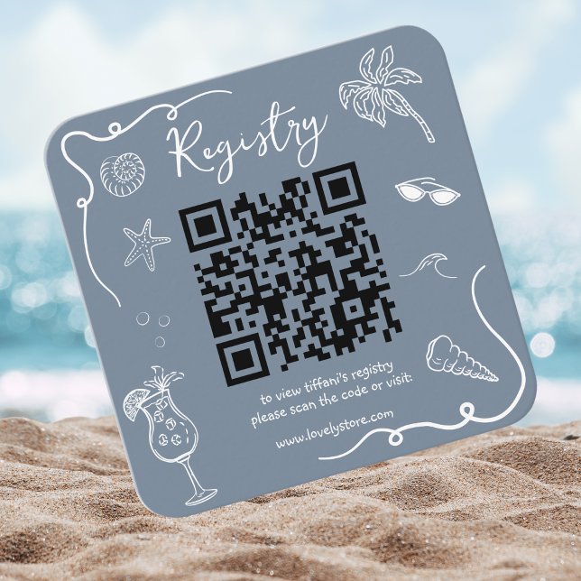 Cartão De Informações Beach Doodle Bridal Shower QR Code  Registry (Criador carregado)