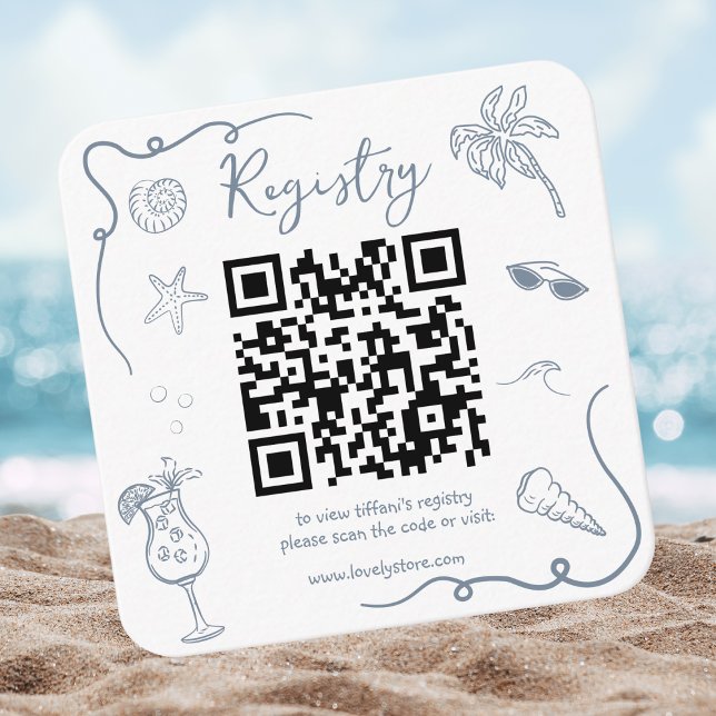 Cartão De Informações Beach Doodle QR Code Bridal Shower Registry (Criador carregado)