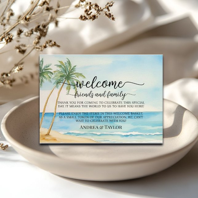 Cartão De Informações Beach Palm Tree Welcome Gift Bag Basket Place Card (Criador carregado)