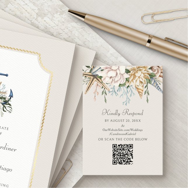 Cartão De Informações Beach Seashells Floral Wedding RSVP QR (Criador carregado)
