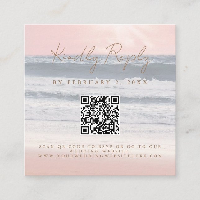 Cartão De Informações Beach Sunset Seaside Wedding Scan Code RSVP (Frente)