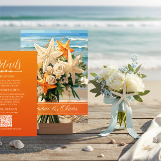Cartão De Informações Beach Wedding Orange Starfish Bouquet Details Card