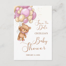 Cartão De Informações Bear Pink Balloons Baby Shower Save the Date