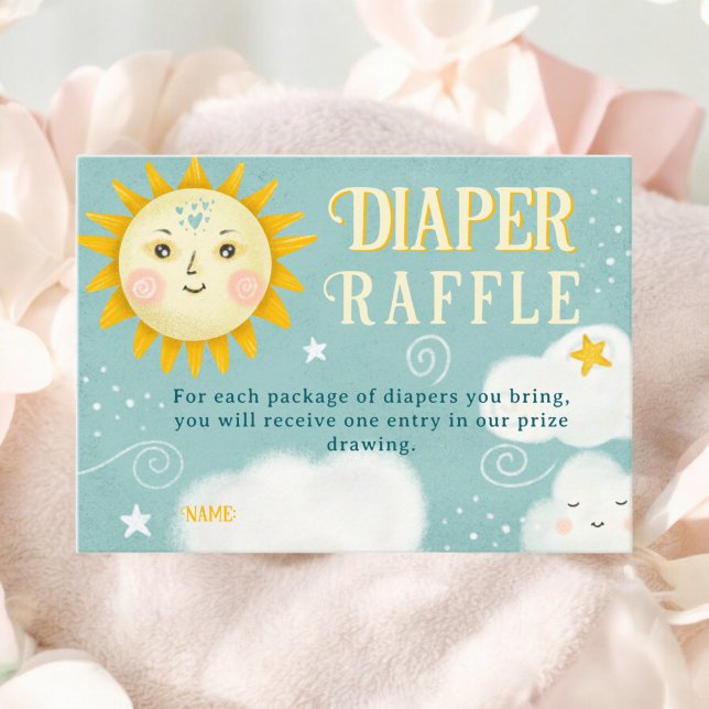 Cartão De Informações Bebê de fralda de Sol e Nuvens com Retros Quadrinh (Retro whimsical Sun and Clouds diaper raffle baby Enclosure Card)