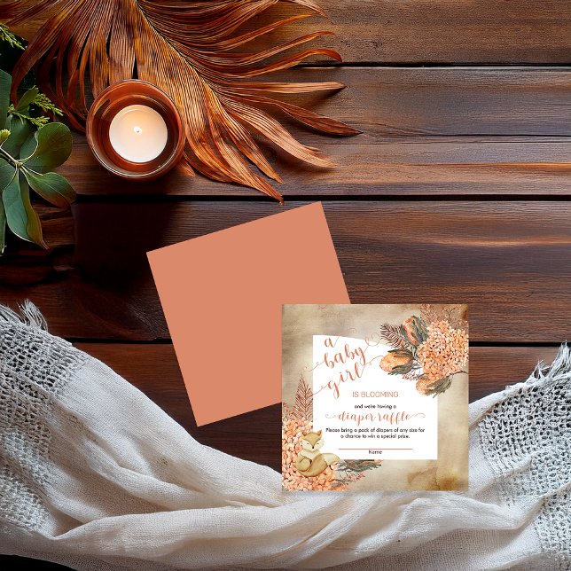 Cartão De Informações Bebê em Bloom Palm Deixa Hydrangeas Fralda Raffle (Boho Palm Leaves and Hydrangeas Sleeping Fox Girl Baby Shower Diaper Raffle Insert Card)