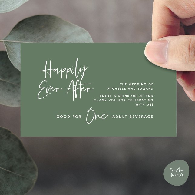 Cartão De Informações Beber Tíquete, Bebida Adulta, Felizmente Depois (Modern Wedding Drink Ticket, Adult Beverage, Happily Ever After Enclosure Card in Forest Sage Green)