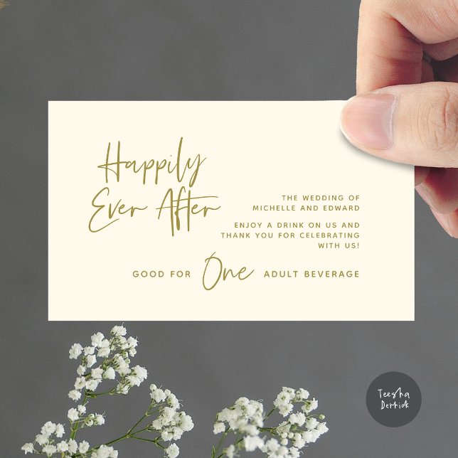 Cartão De Informações Beber Tíquete, Bebida Adulta, Felizmente Depois (Modern Wedding Drink Ticket, Adult Beverage, Happily Ever After Enclosure Card in Yellow Gold)