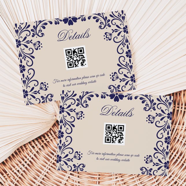Cartão De Informações Beige Blue Wedding Qr code Details (Criador carregado)