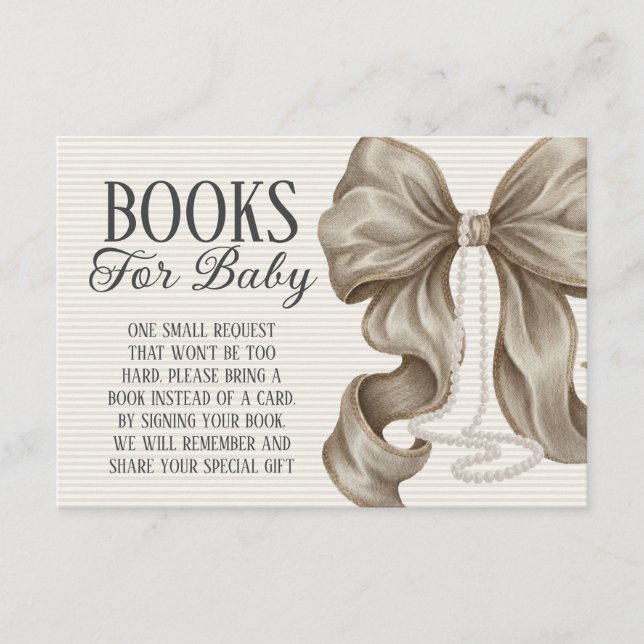 Cartão De Informações Beige Bow Girl Baby Shower Books For Baby (Frente)