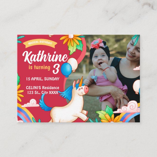 Cartão De Informações Bela Mão Desenhada Unicórnio Aniversário (Frente)