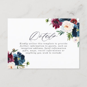 Cartão De Informações Belo Casamento Floral em Vermelho Burgundy Azul Na