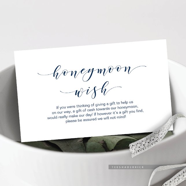 Cartão De Informações Belo Elegante, Marinho Blue Script Honeymoon Wish (Wedding Honeymoon Wish Enclosure Card, in Beautiful Elegant, Navy Blue script font)