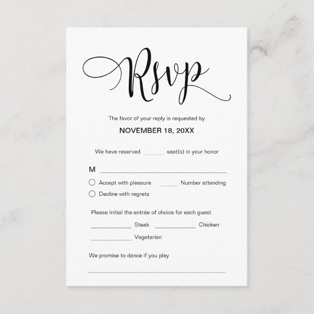 Cartão De Informações Belo Script Preto, RSVP, Responder (Frente)