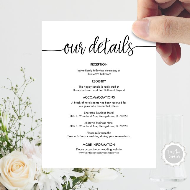 Cartão De Informações Belos detalhes do nosso casamento, tinta negra rus (Beautiful Our Wedding Details, Rustic Black ink Enclosure Card, Accommodations, Reception, RSVP)