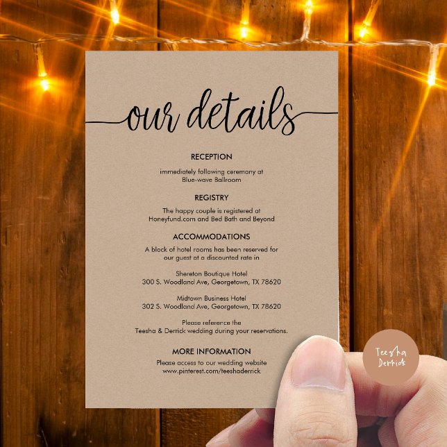 Cartão De Informações Belos detalhes do nosso casamento, tinta negra rus (Beautiful Our Wedding Details Enclosure Card, Rustic Cottage Design, Brown Kraft Graphic Background)
