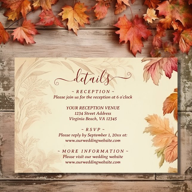 Cartão De Informações Belos detalhes do outono deixa Casamento outono (Front - Fall in Love Beautiful Autumn Leaves Fall Wedding Enclosure Card)
