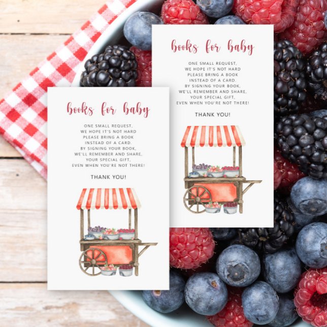 Cartão De Informações Berries cart - books for baby Baby shower (Criador carregado)