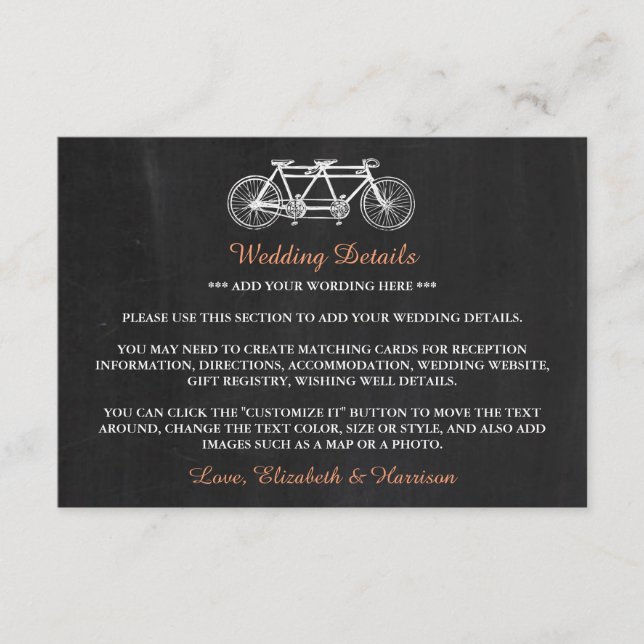 Cartão De Informações Bicicleta Tandem Em Detalhe De Casamento De Chalkb (Frente)