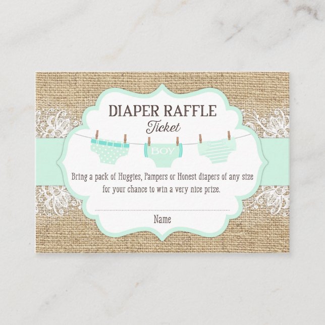 Cartão De Informações Bilhete de Fralda de Raffle Rustic Burlap Lace (Frente)