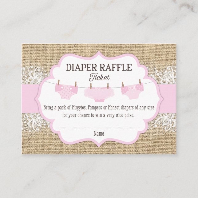 Cartão De Informações Bilhete de Fralda de Raffle Rustic Burlap Lace Pin (Frente)