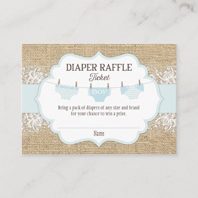 Cartão De Informações Bilhete Rustic Burlap Lace Blue Boy Fralda Raffle (Frente)