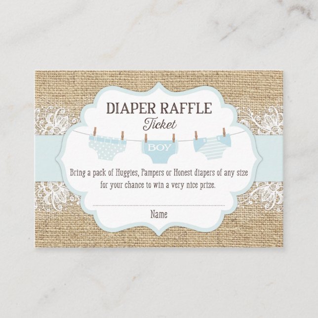 Cartão De Informações Bilhete Rustic Burlap Lace Blue Boy Fralda Raffle (Frente)
