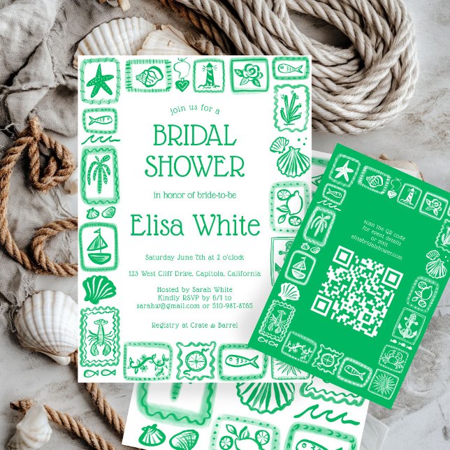 Cartão De Informações Bilhetes de Amor do Mar Moderno QR Personalizado   (LoveNotes from Sea Modern CUSTOM QR Code Bridal Shower Enclosure Card
)