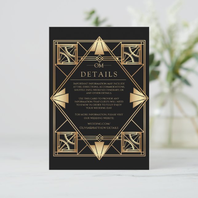 Cartão De Informações Black & Gold Art Deco Geometric Wedding  (Em pé/Frente)