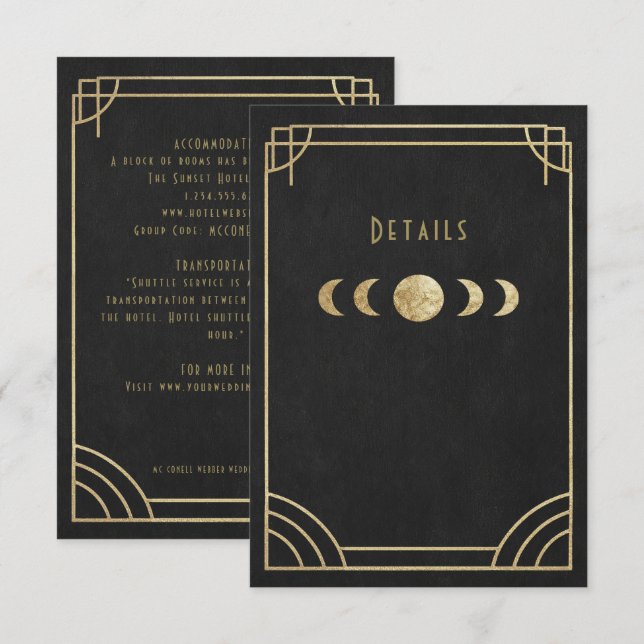 Cartão De Informações Black & gold deco wedding details card (Frente/Verso)