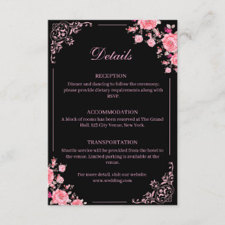 Cartão De Informações Black & Pink Floral Wedding Enclosure Card