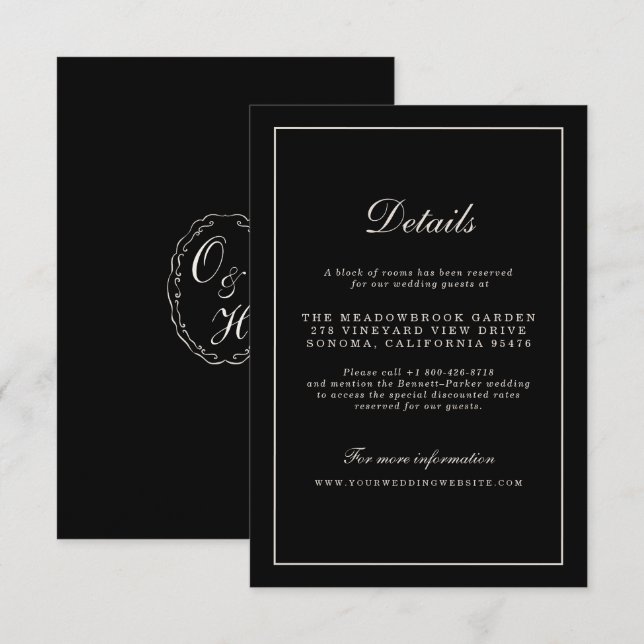 Cartão De Informações Black Tie Wedding Classic Details Enclosure Card (Frente/Verso)