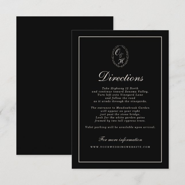 Cartão De Informações Black Tie Wedding Classic Directions Card (Frente/Verso)