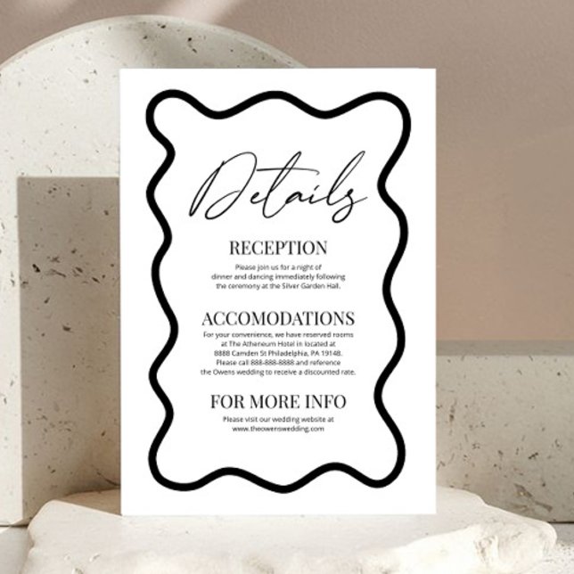 Cartão De Informações Black White Elegant Wavy Border Wedding Details (Criador carregado)